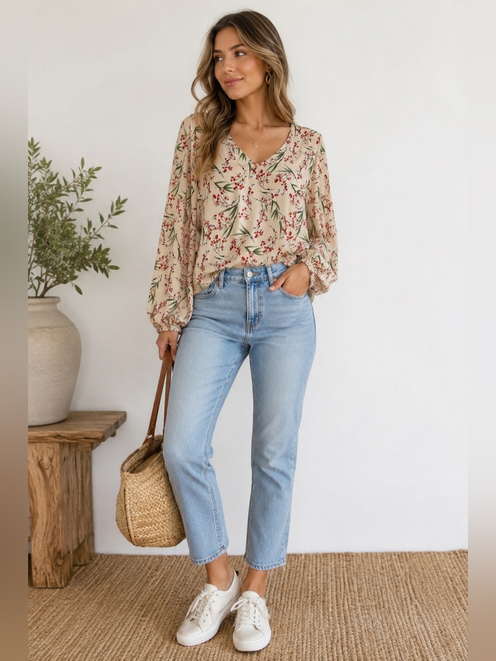 Belongsci Beige Floral V-Neck casual women’s Top size S NWT